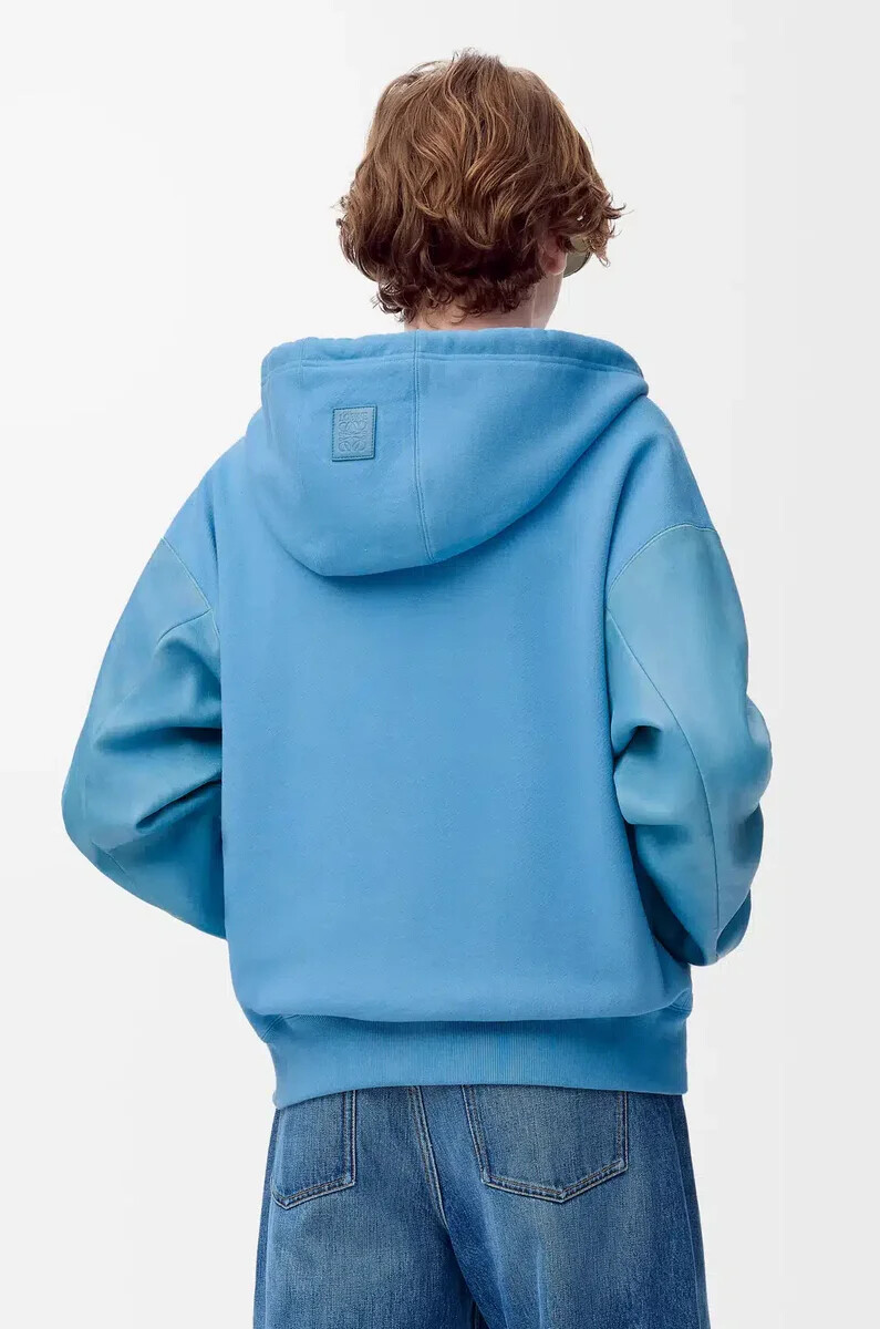 hybrid-hoodie aus baumwolle und nappa-lammleder blau
