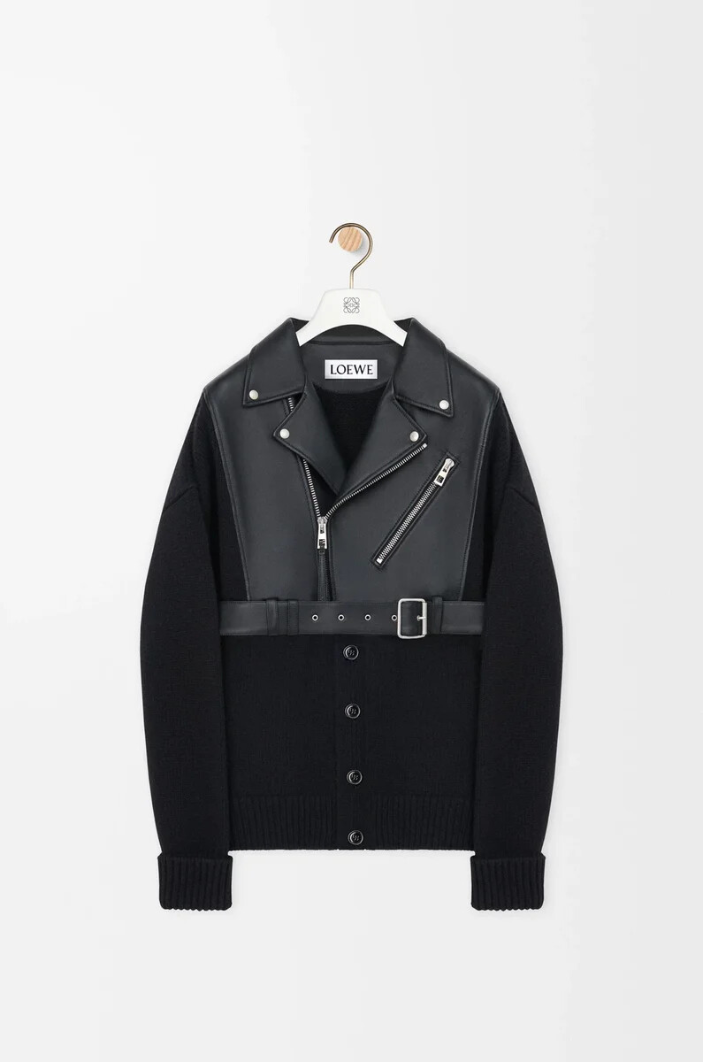 hybrid-cardigan aus nappa-lammleder und wolle schwarzschwarz