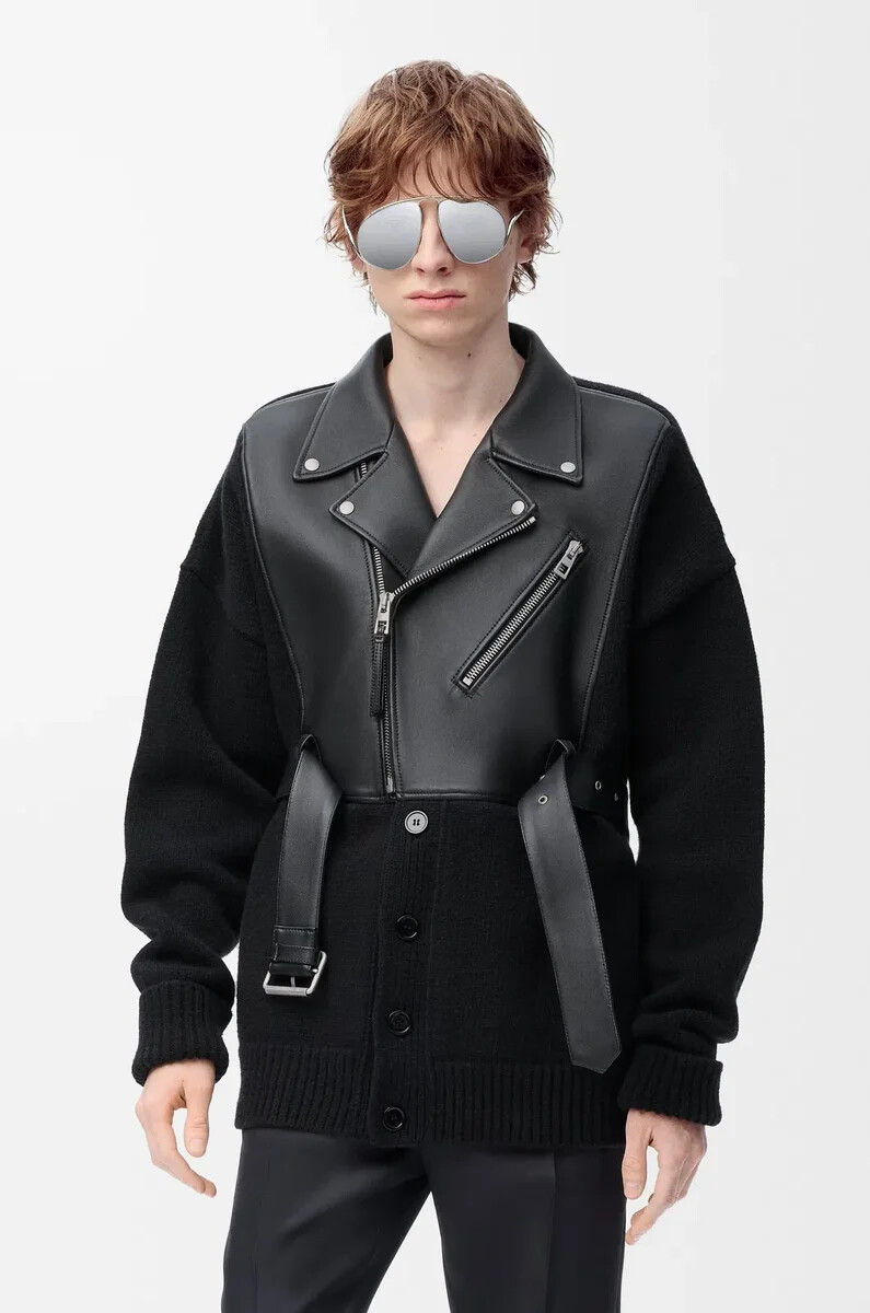 hybrid-cardigan aus nappa-lammleder und wolle schwarzschwarz